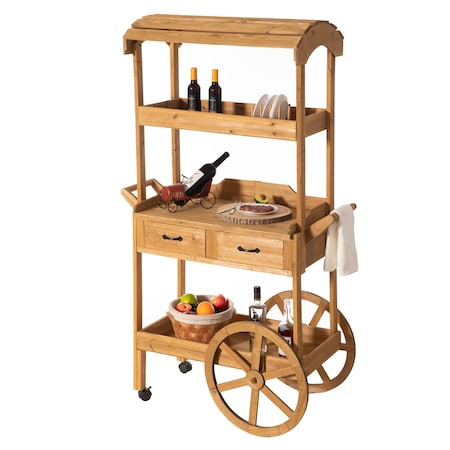Vintiquewise Large Wooden Display Rolling Table with Drawers and Wheels 3 Tier with Shelves for Food and More QI004642